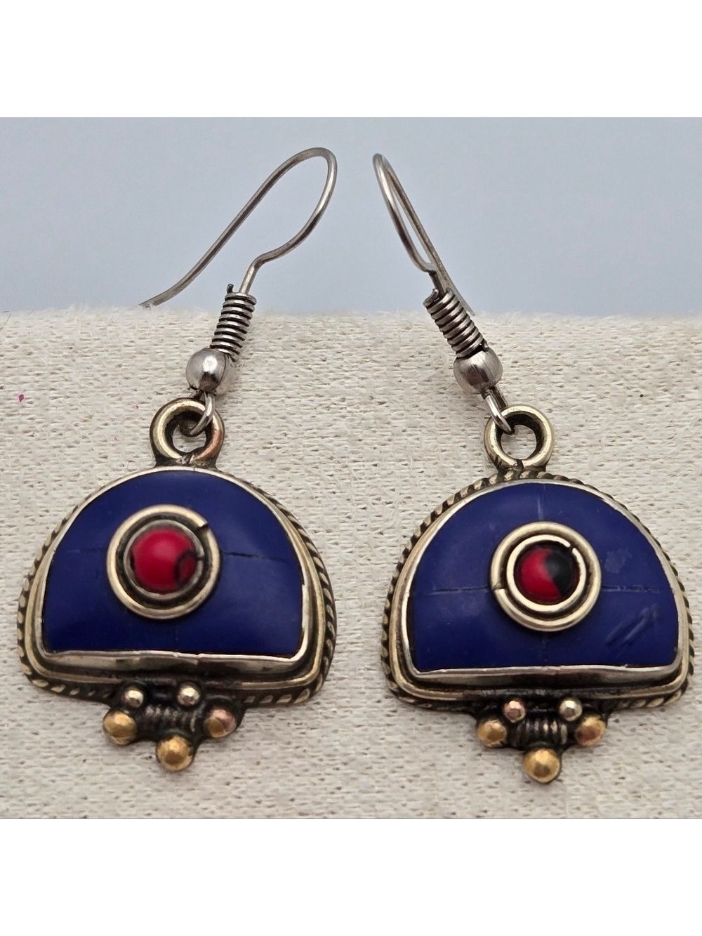 Nepali Tribal Boho Handmade Earrings Tibetan Coral & Lapis Lazuli Ethnic Jewelry